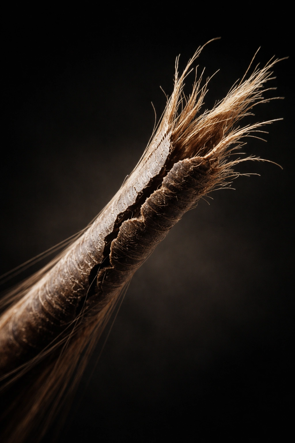Close-up of a brittle hair strand with visible fracture