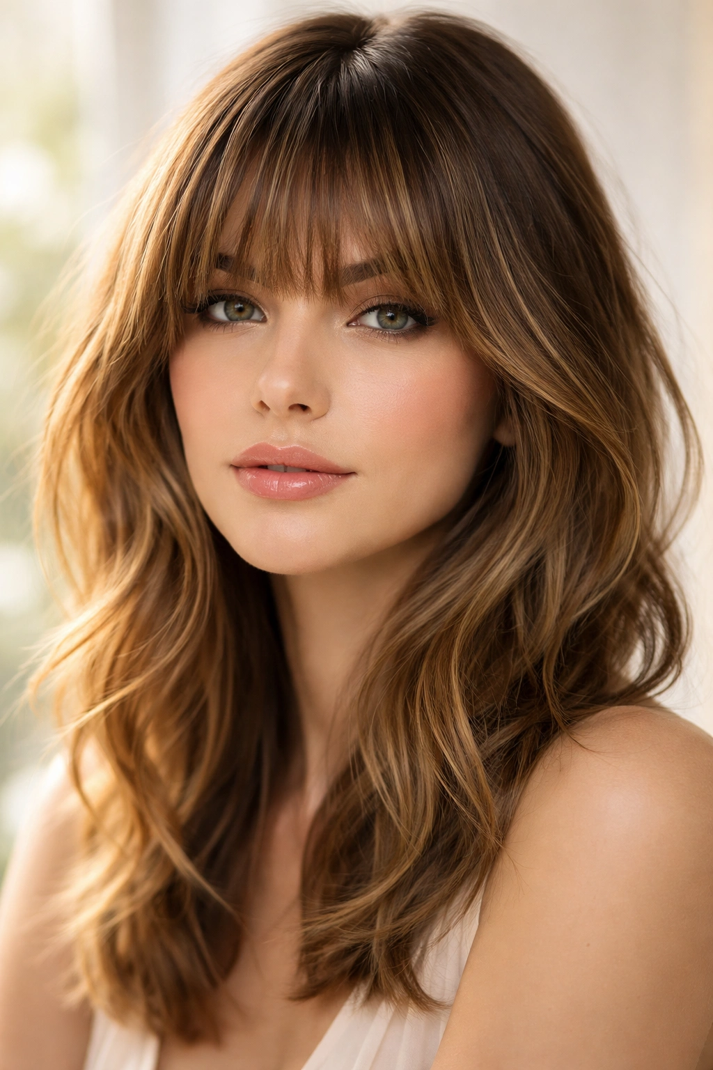 15 Bang Styles That Pair Well With Medium Hair 9 Close-up of bronde bangs with highlights on medium-length hair