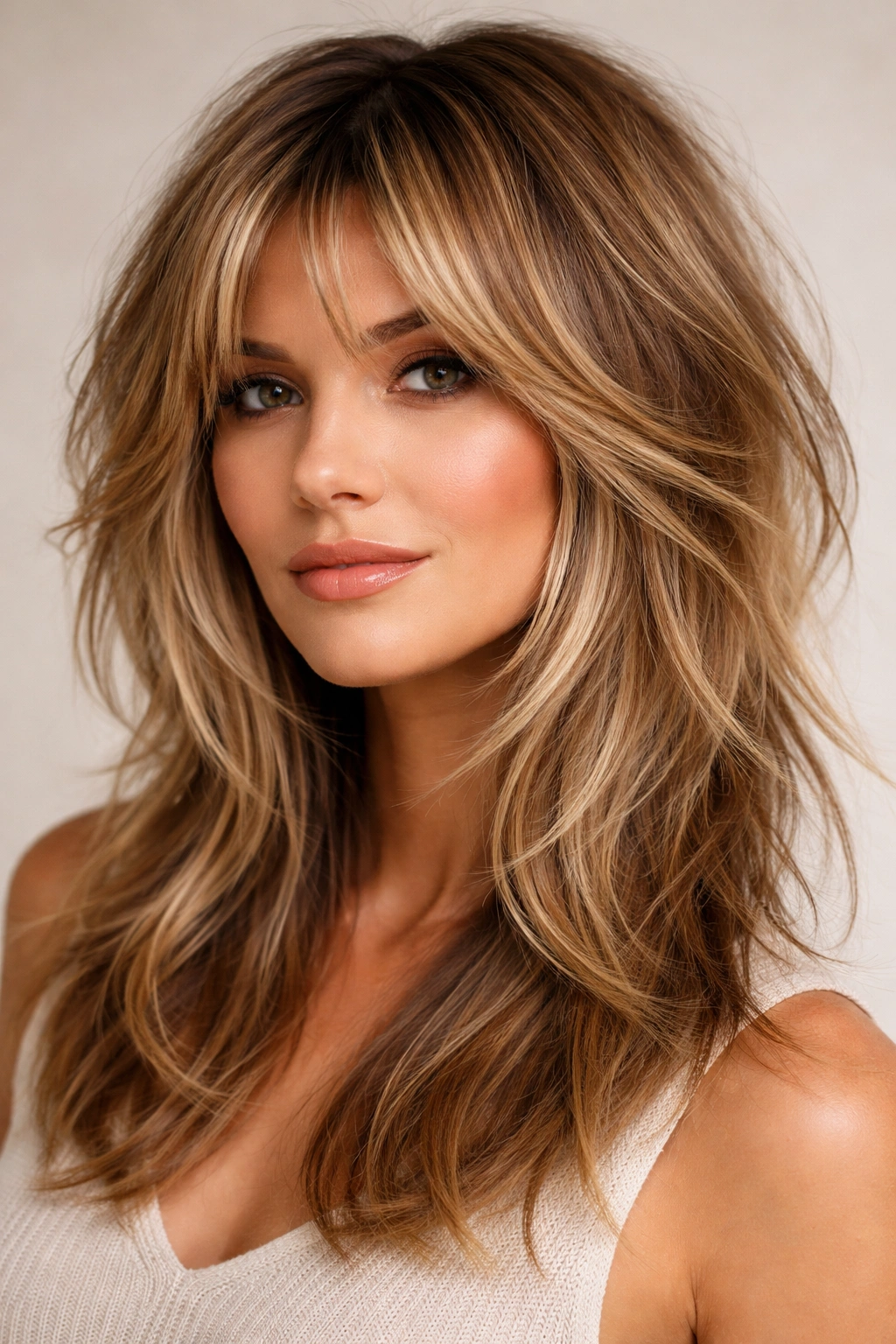 Portrait of layered shag on blonde-bronde hair with multidimensional color and movement.