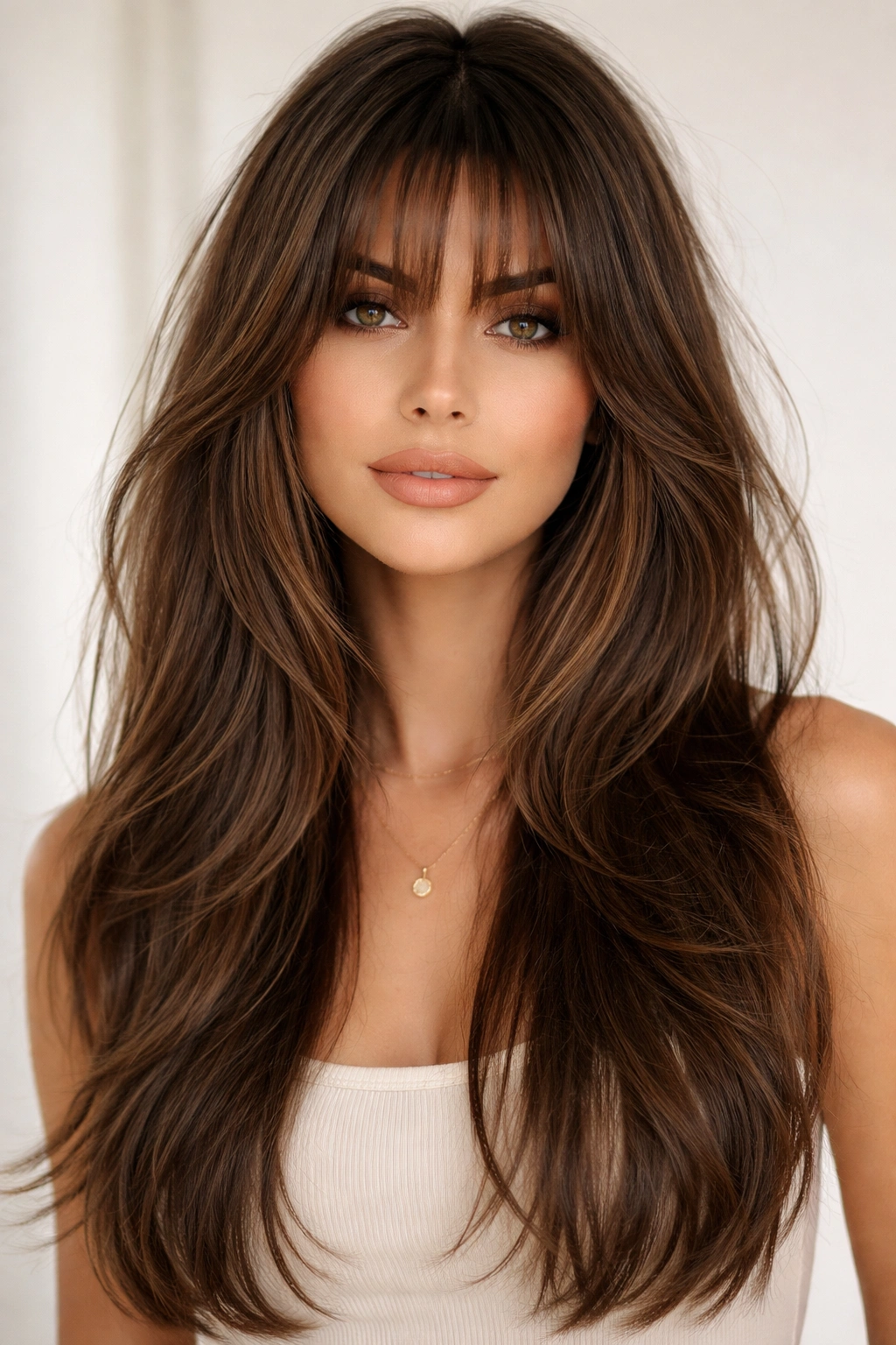 Hair with brow-length layers framing the face