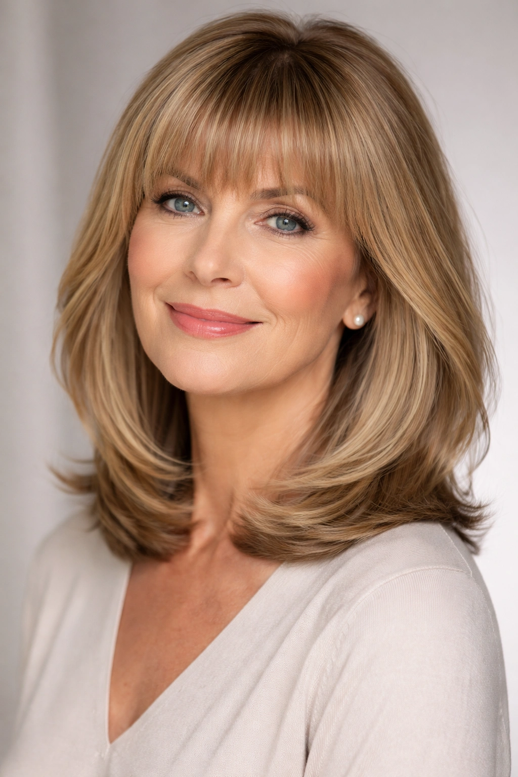 Older woman with brow-skimming bangs and shoulder-length cut; portrait highlighting eyes