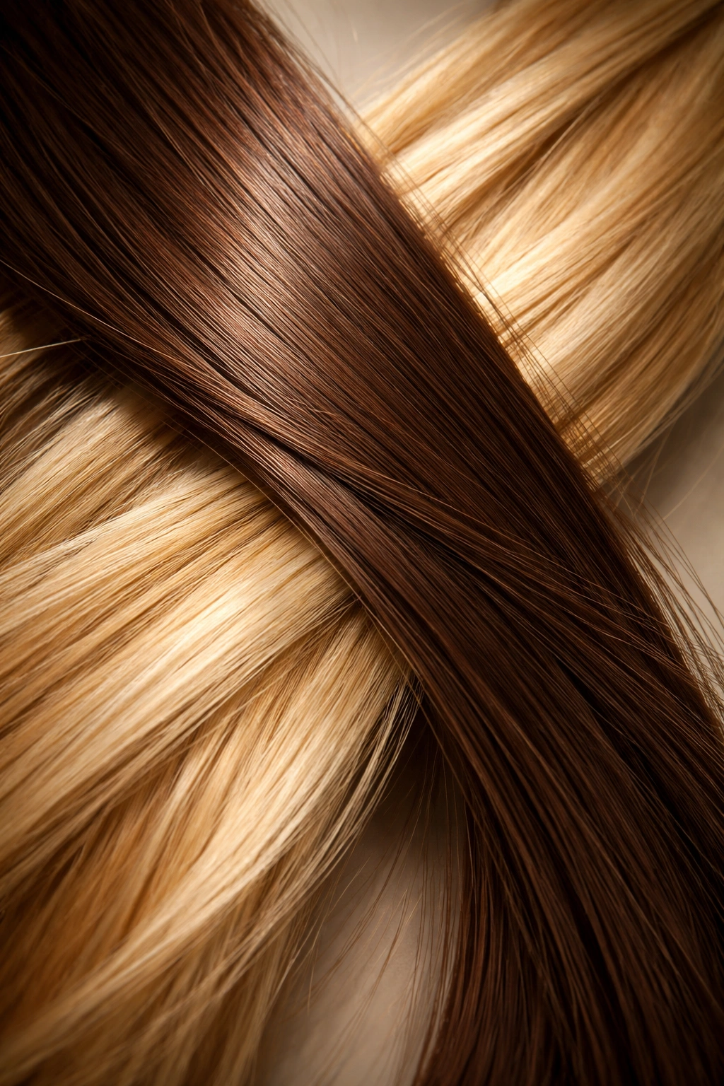 Close-up of brown hair strand covering a blonde strand to symbolize dominance of brown over blonde