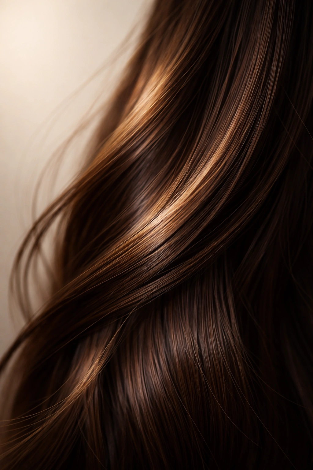Close-up of a single dark brown hair strand with chocolate tones against a neutral background.