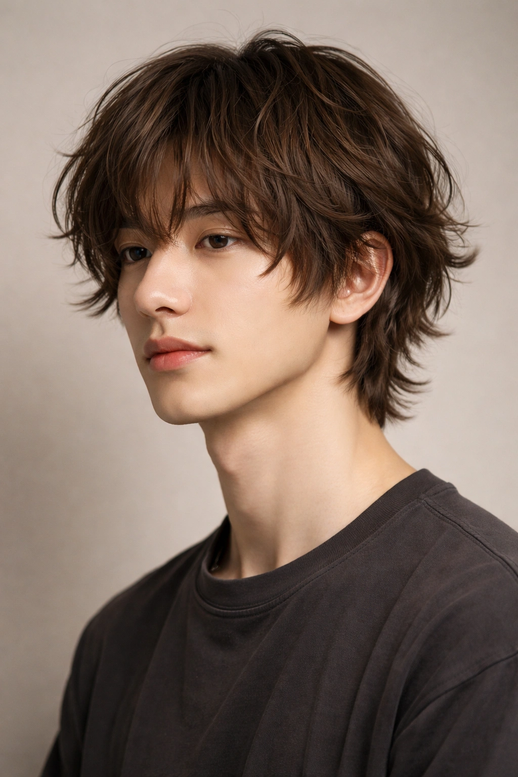 Portrait of a person with medium-length brown wavy hair framing the face