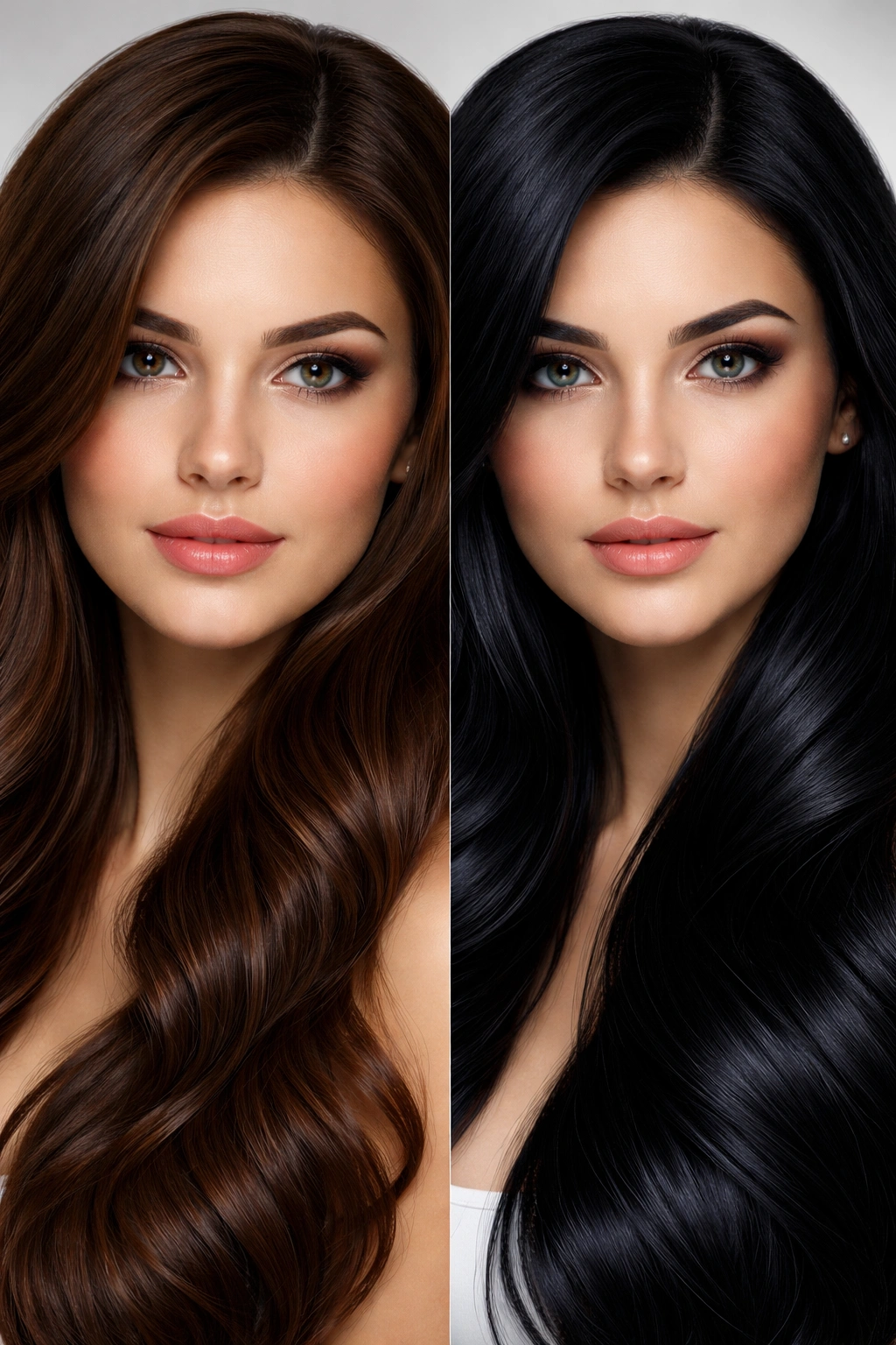 Close-up portrait of hair gradient from brunette to near-black