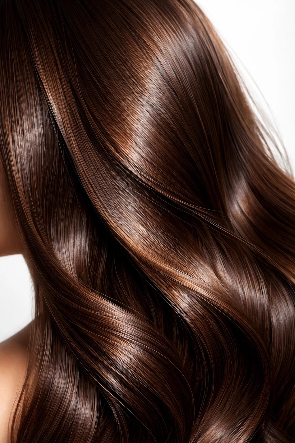 Glossy brunette hair strand with vibrant shine