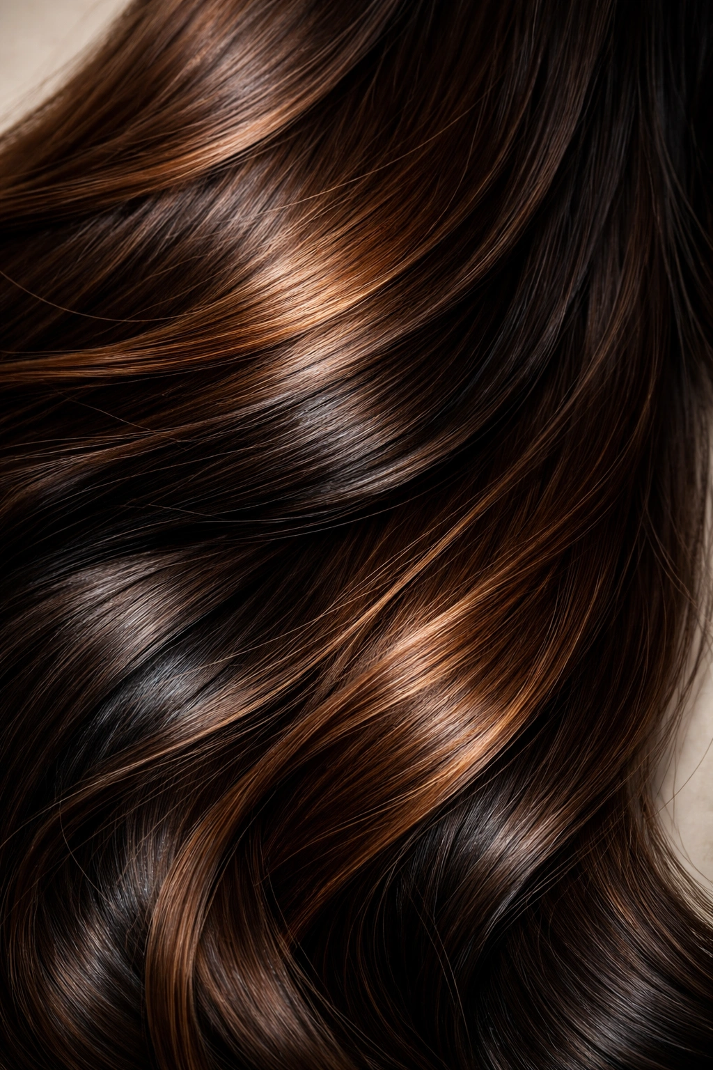 Close-up brunette hair showing brown to near-black tones with warm and cool undertones