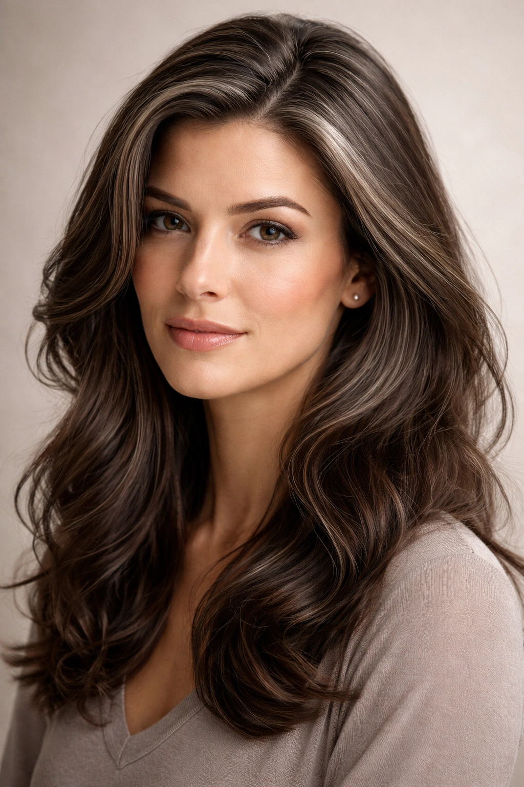 Brunette with grey strands in a polished end-stage hairstyle