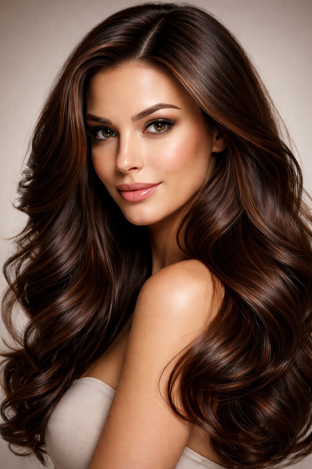 Close-up portrait highlighting glossy brunette hair with chestnut highlights