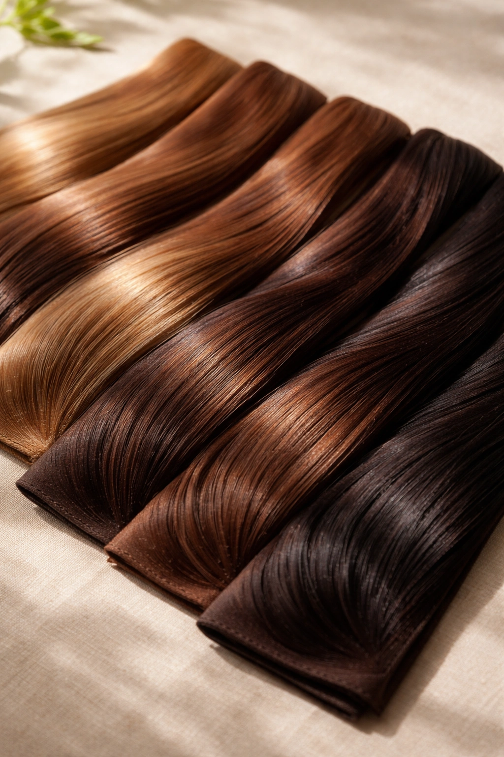 Brown fabric swatches under natural light for selecting brunette shade