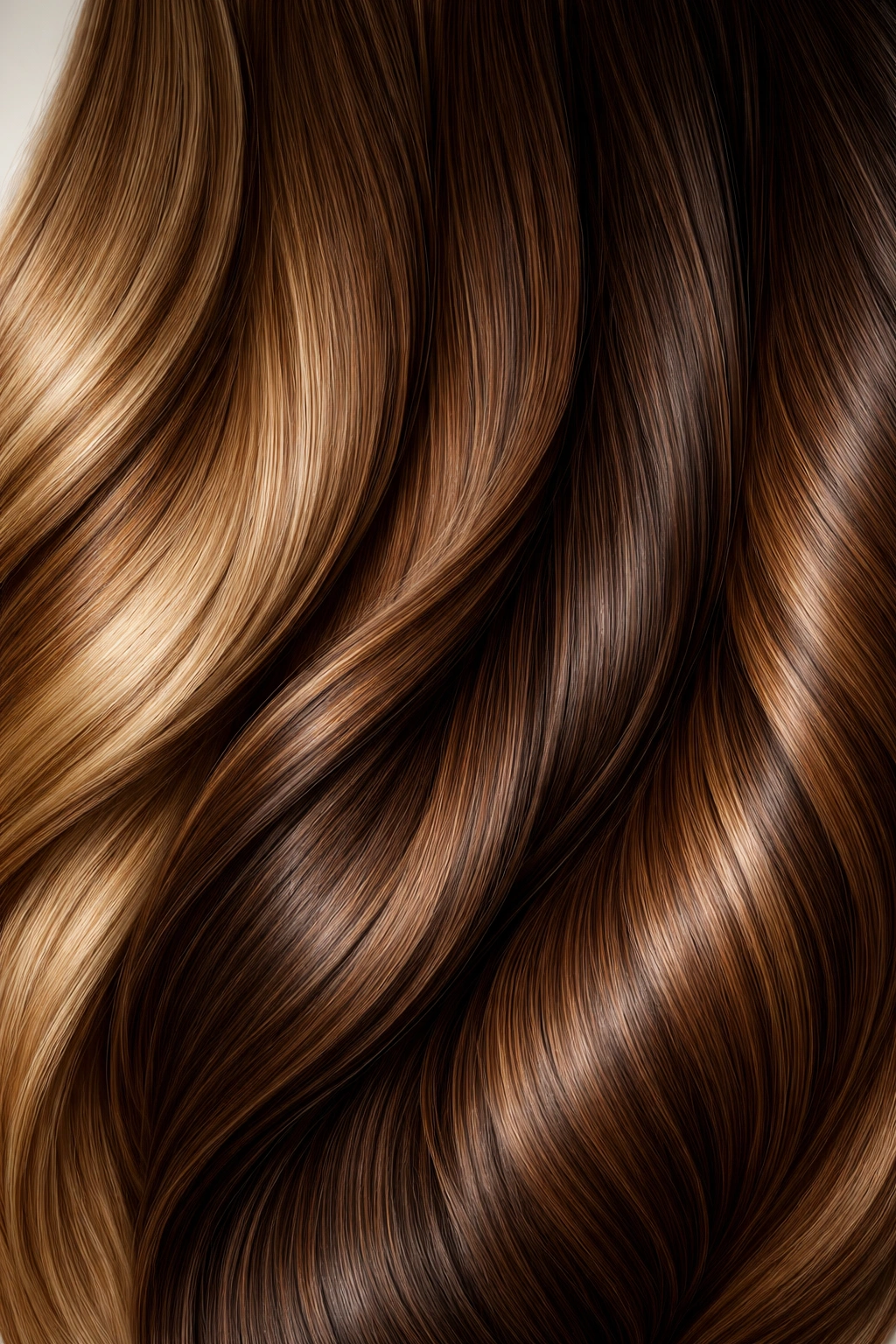 Series of brunette hair strands showing light to medium shades with caramel highlights