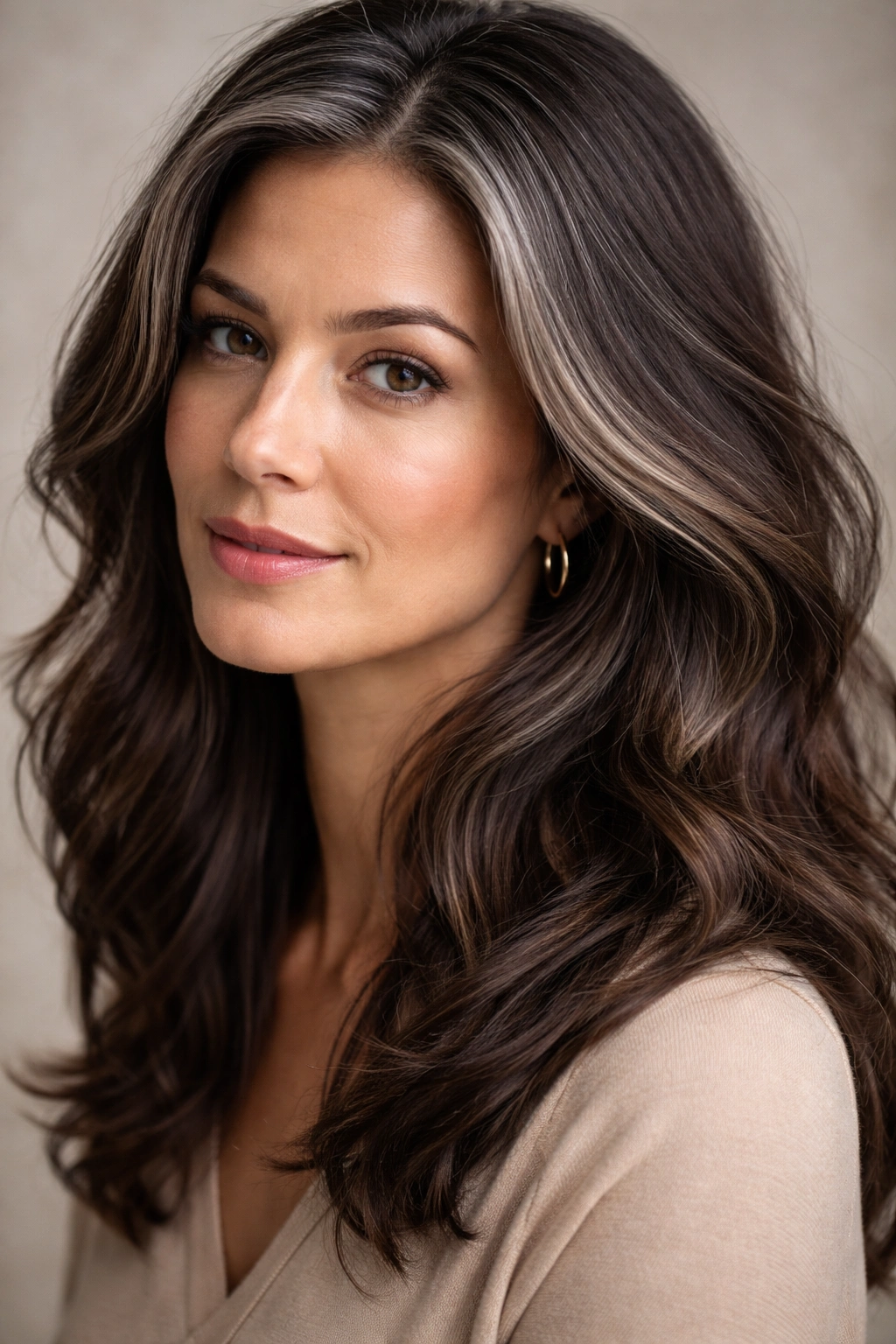 Close-up portrait of brunette with silver strands blended in, embracing the grey journey