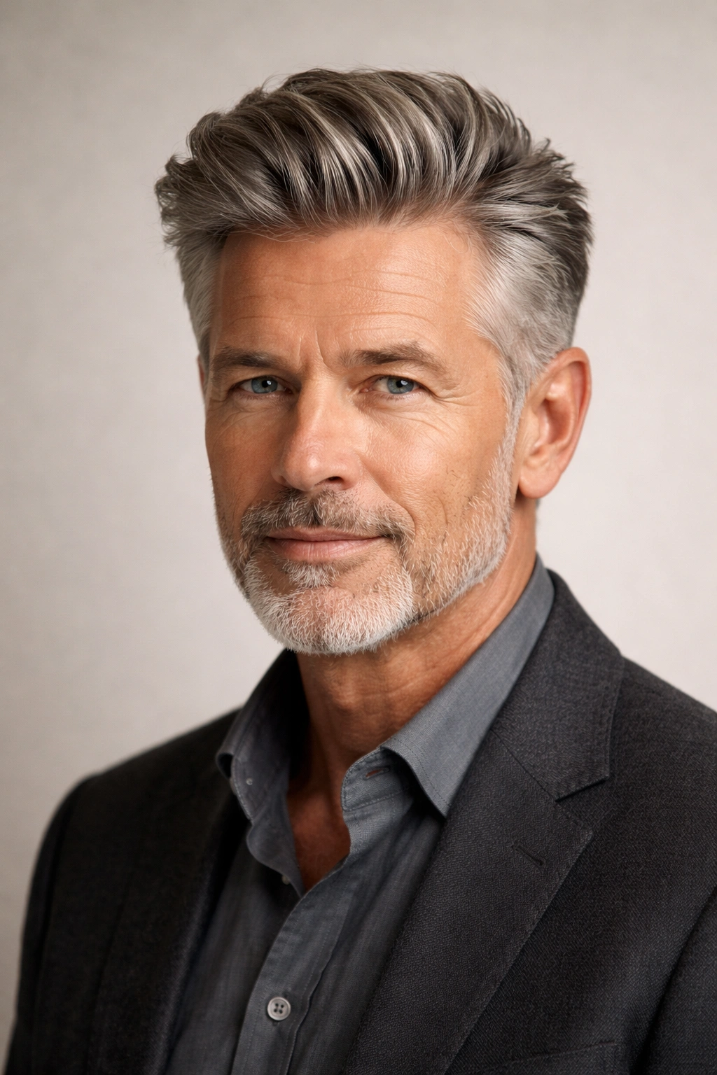 Man with brushed back hair and tapered sides, showing height and texture