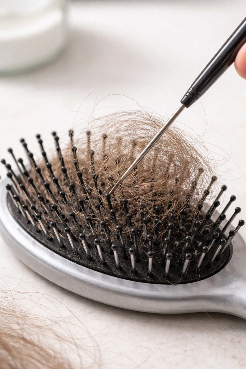 Close-up of trapped hair being removed from brush bristles with a pointed tool