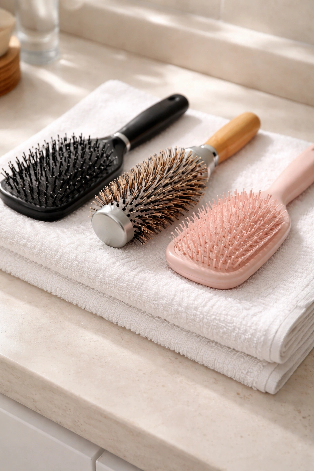 Hair brushes resting bristles-down on towel during air-drying
