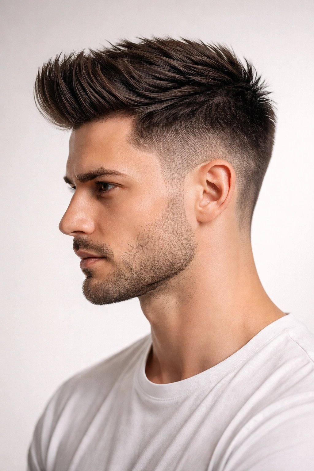 Brush up hairstyle with upward top and faded sides in side profile