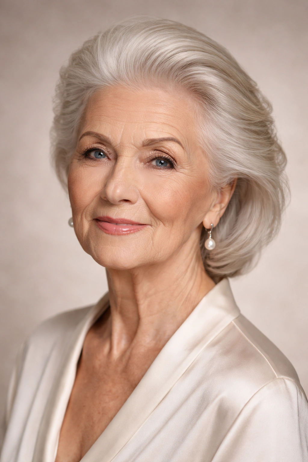 Elderly woman with brushed-back hair, face clearly visible.