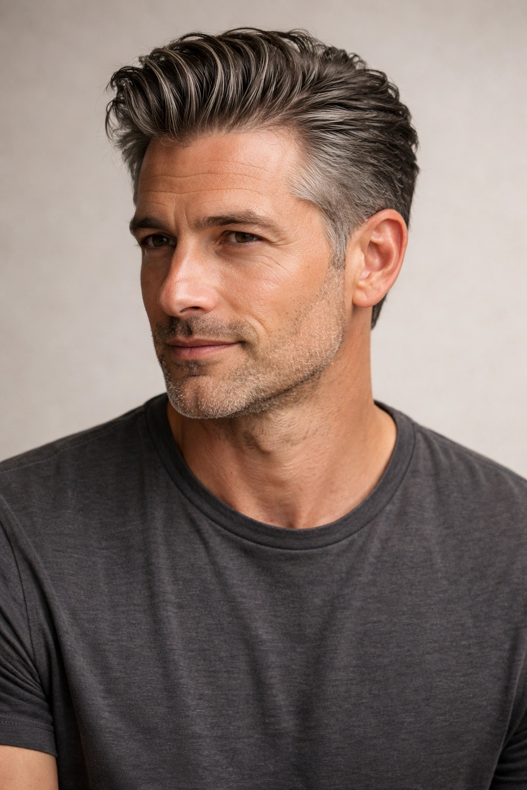 Portrait of a man with brushed-back waves and salt-and-pepper hair
