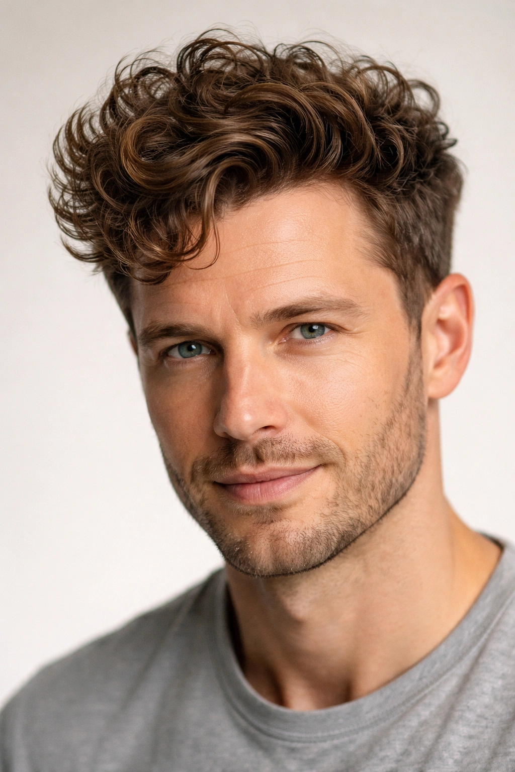 Portrait of a man with brushed-up curls forming a soft cloud over the forehead