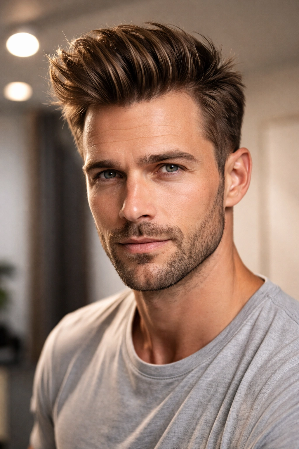 Man with brushed-up quiff hairstyle showcasing volume
