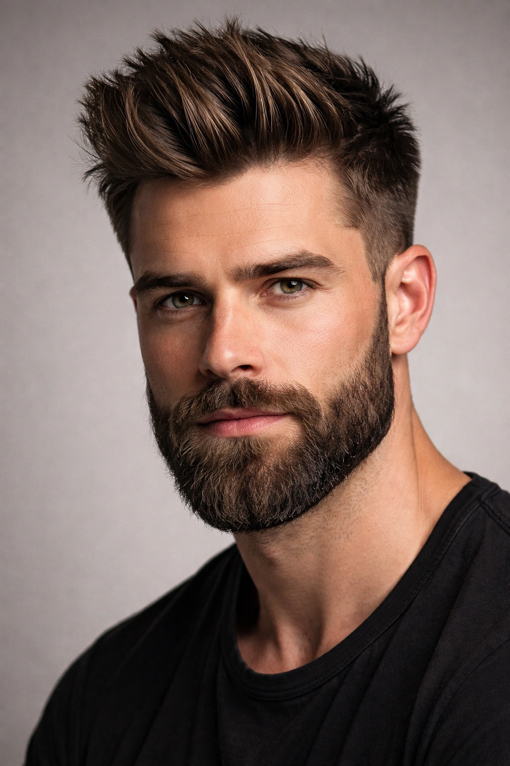 Close-up of brushed-up textured hairstyle with a thick beard in a studio