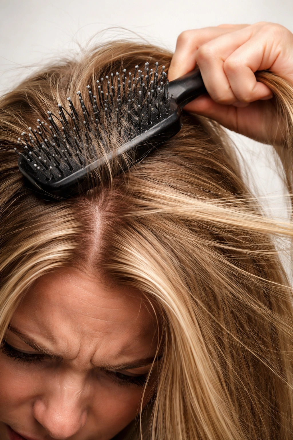 Hair being pulled at the scalp with a brush to illustrate common brushing mistakes.