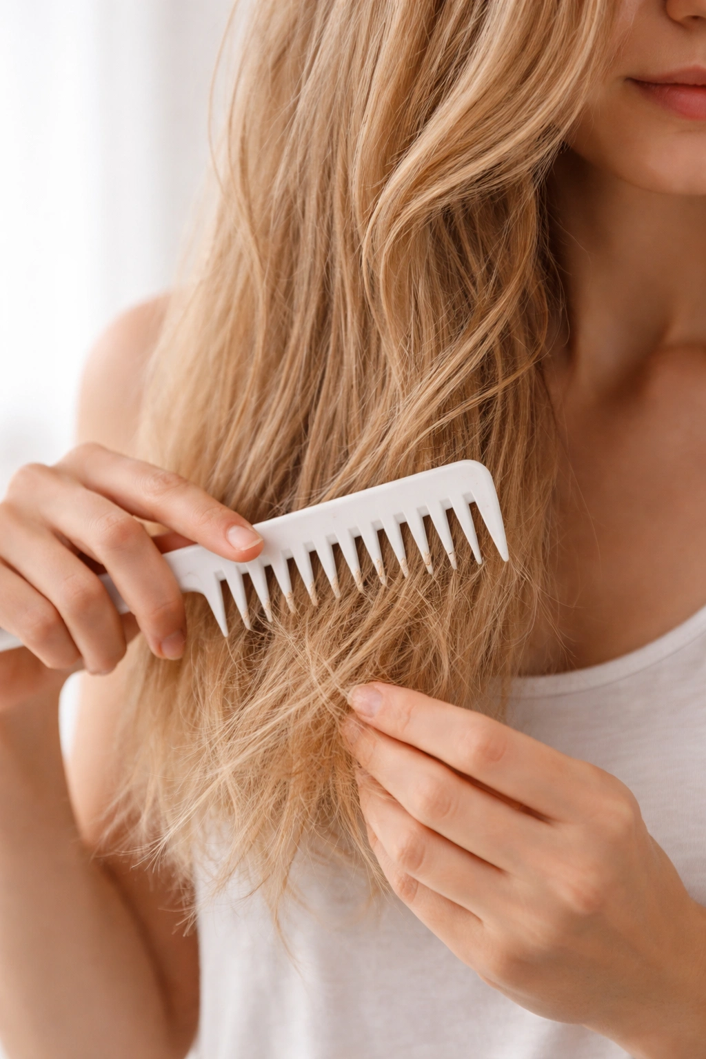 Person brushing damaged hair from ends with a wide-tooth comb