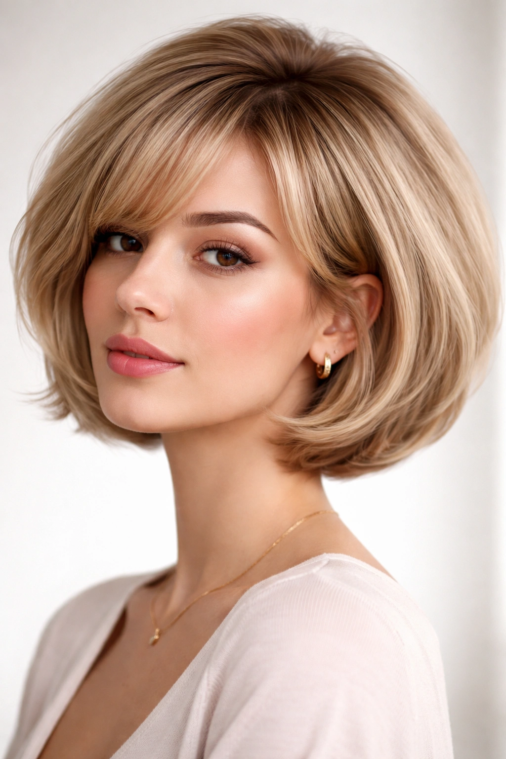Portrait of a person with a rounded bubble bob silhouette and layered texture in a bright studio.