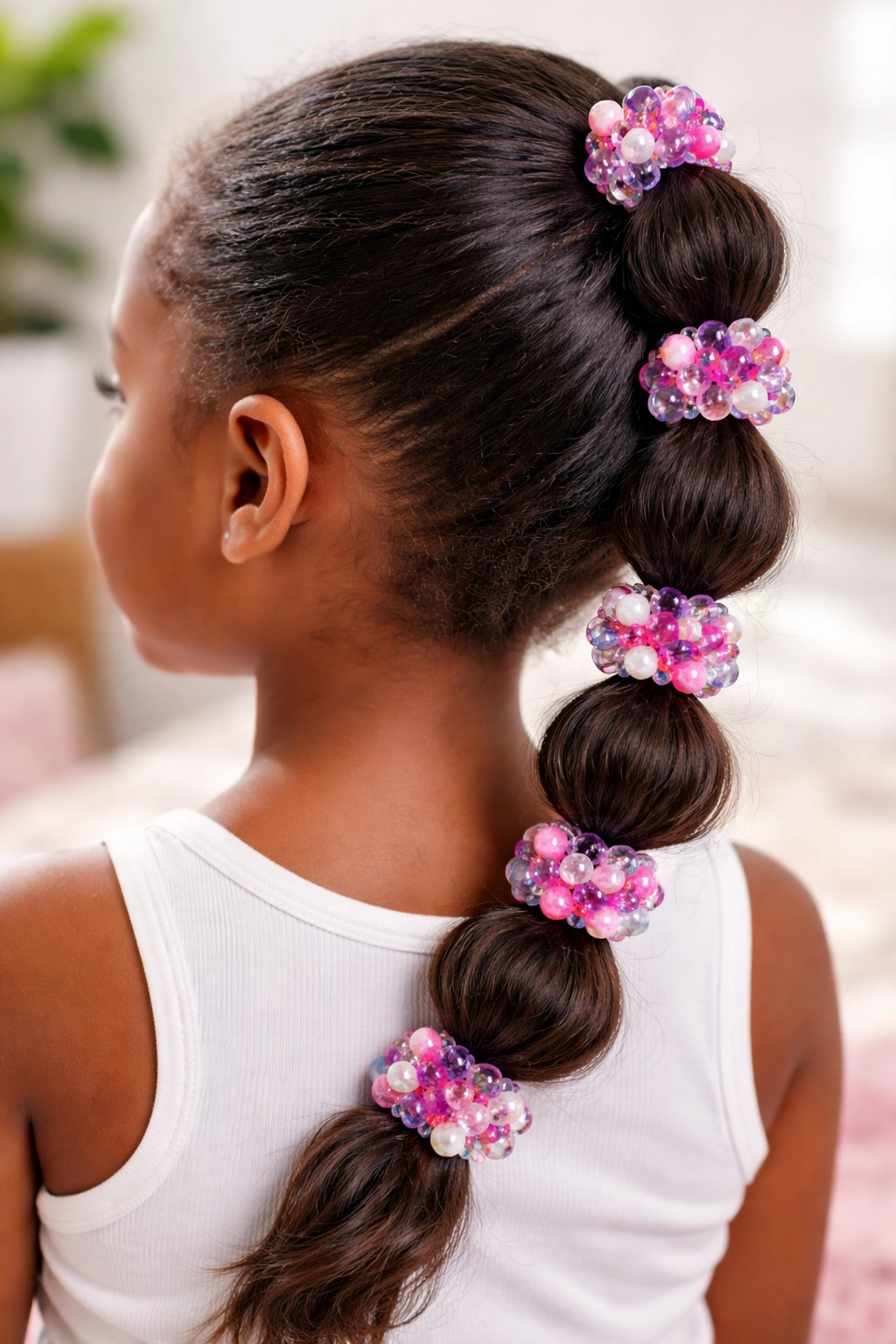 Close-up of a bubble braid with clustered beads at each puff