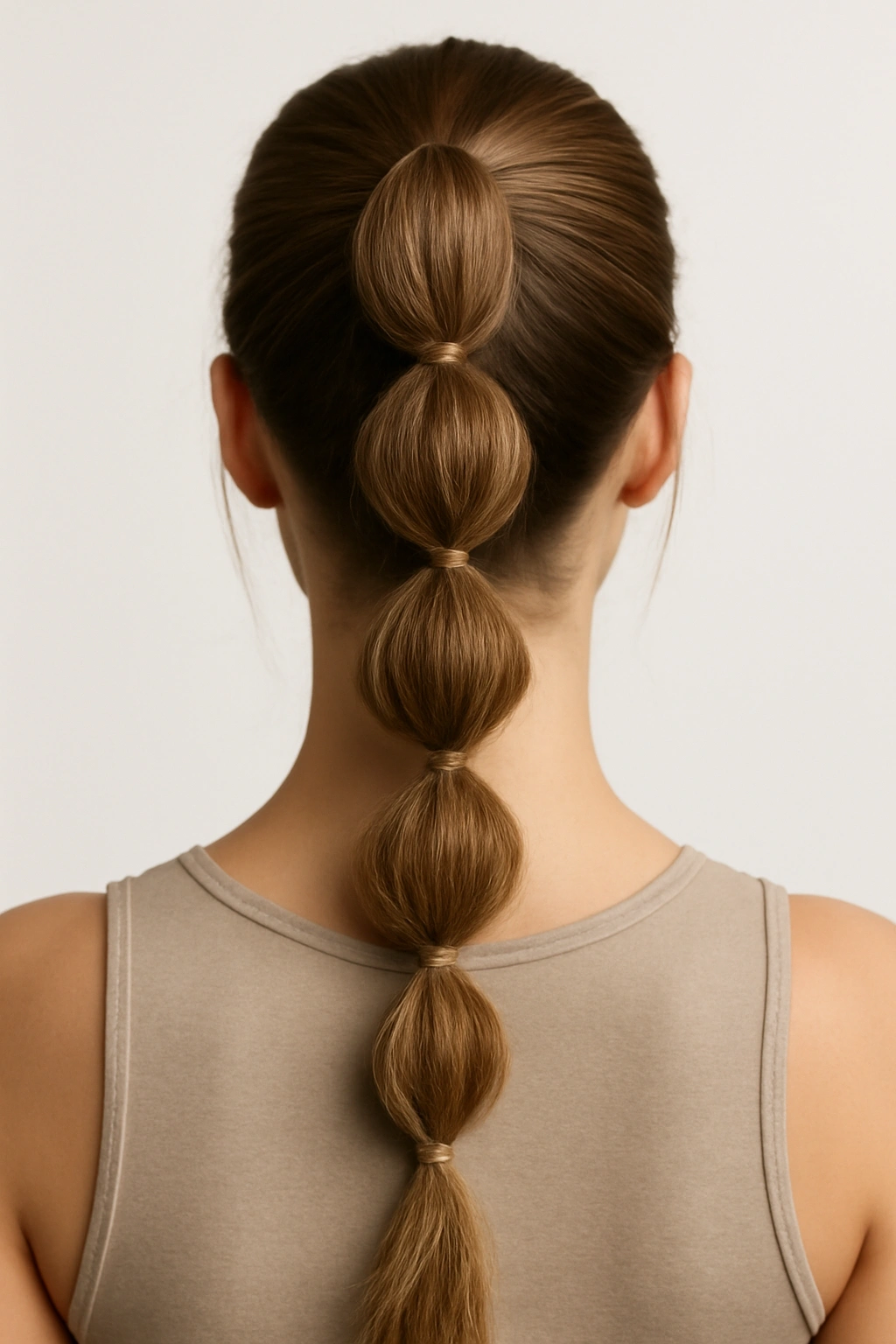 High ponytail with bubble sections created by elastics along the length
