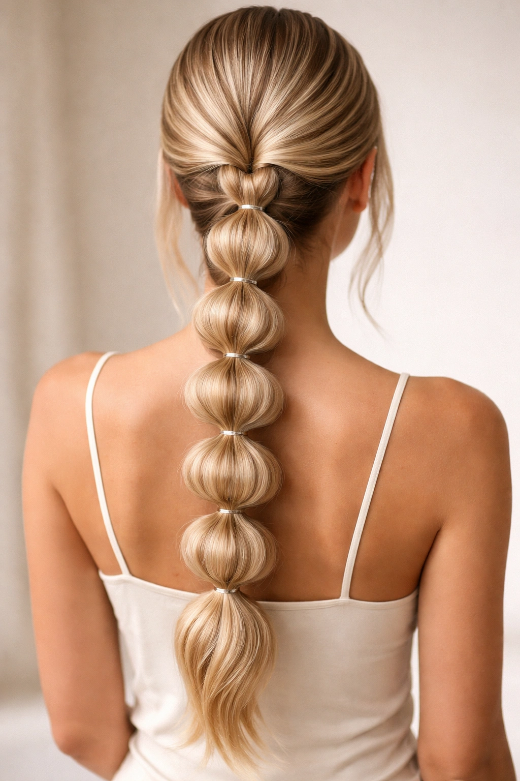 Three-strand braid with evenly spaced bubble sections down the center back