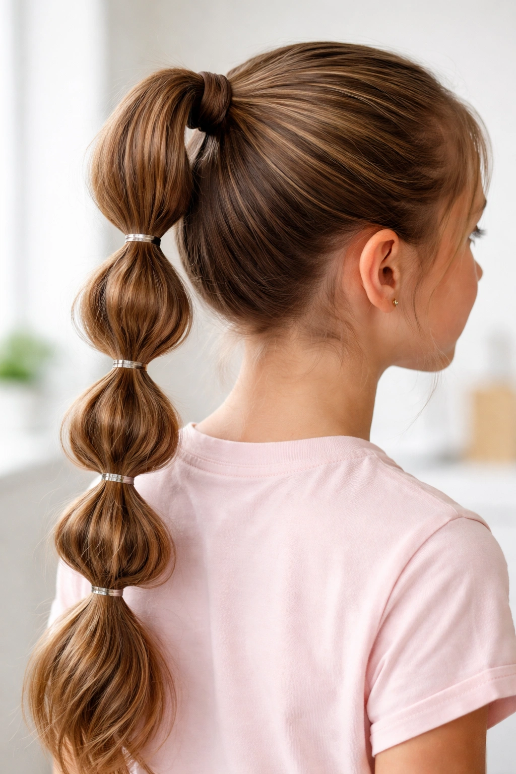 Ponytail with multiple bubble sections created by elastic bands.