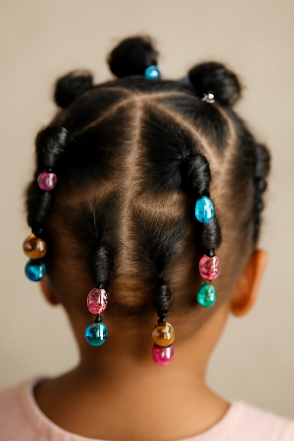 12 Cute Beaded Hairstyles Your Toddler Will Love 3 Top-down view of toddler crown with bubble braids and beads