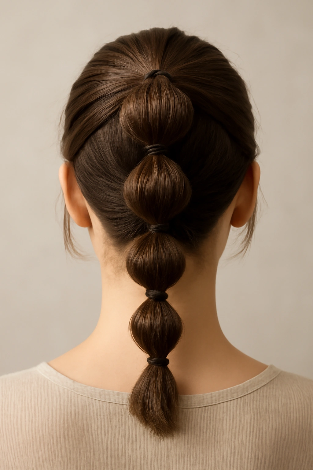 Bubble braids stacked along crown to nape on short hair