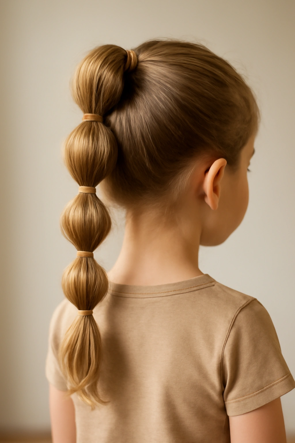 15 Quick and Easy Toddler Braids for Busy Mornings 14 Close-up of bubble braids with evenly spaced elastics creating large bubbles along a ponytail