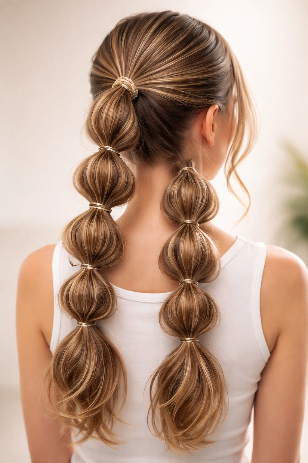 Full-head view of bubble braids with distinct rounded bubbles and even elastics