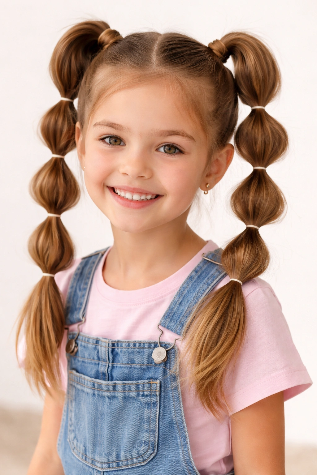 Bubble braids in high ponytails with spaced elastics forming bubbles.