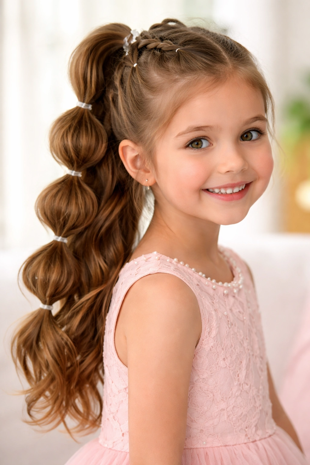 Bubble braids high ponytail with evenly spaced elastics