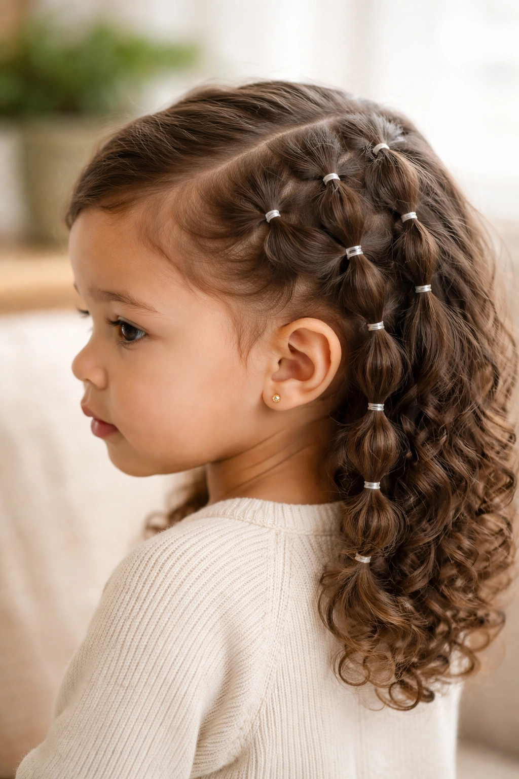 Side profile of toddler with bubble braids along the side.