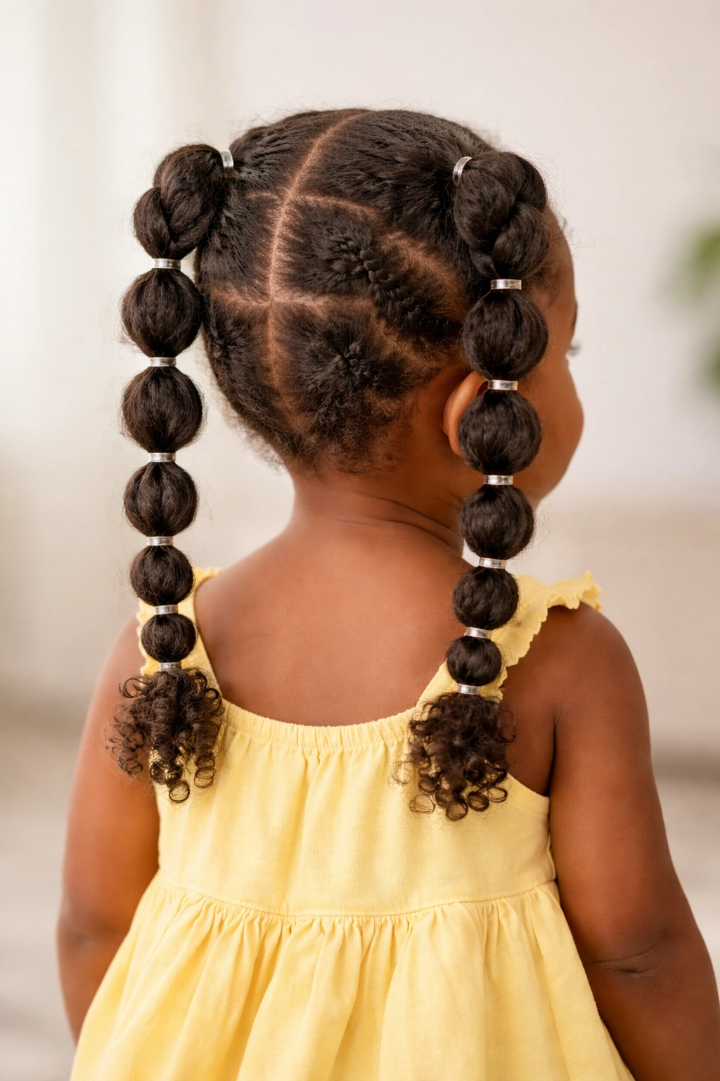 Back view of a toddler with bubble braids showing segmented bubble sections