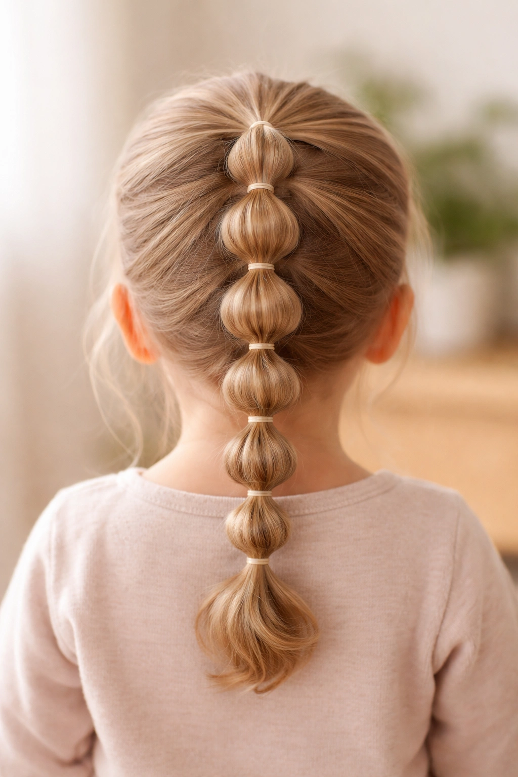 Back view of toddler with bubble braids along the nape and small elastics