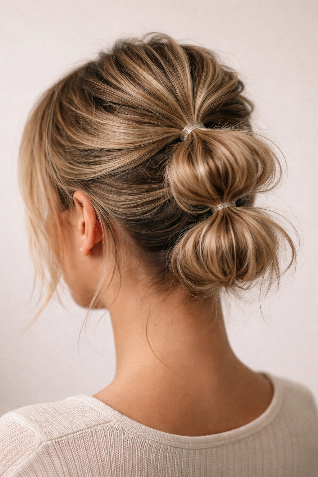 Close-up of a textured bubble bun on short hair with pillowy segments