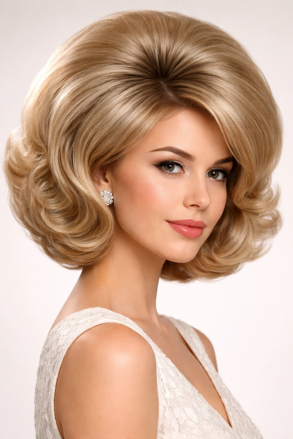 Rounded bubble cut hairstyle with crown volume.