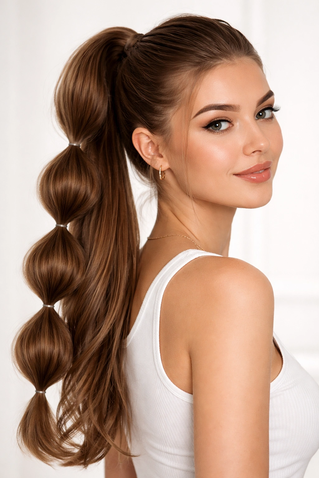 Bubble ponytail with segmented hair held by elastic bands