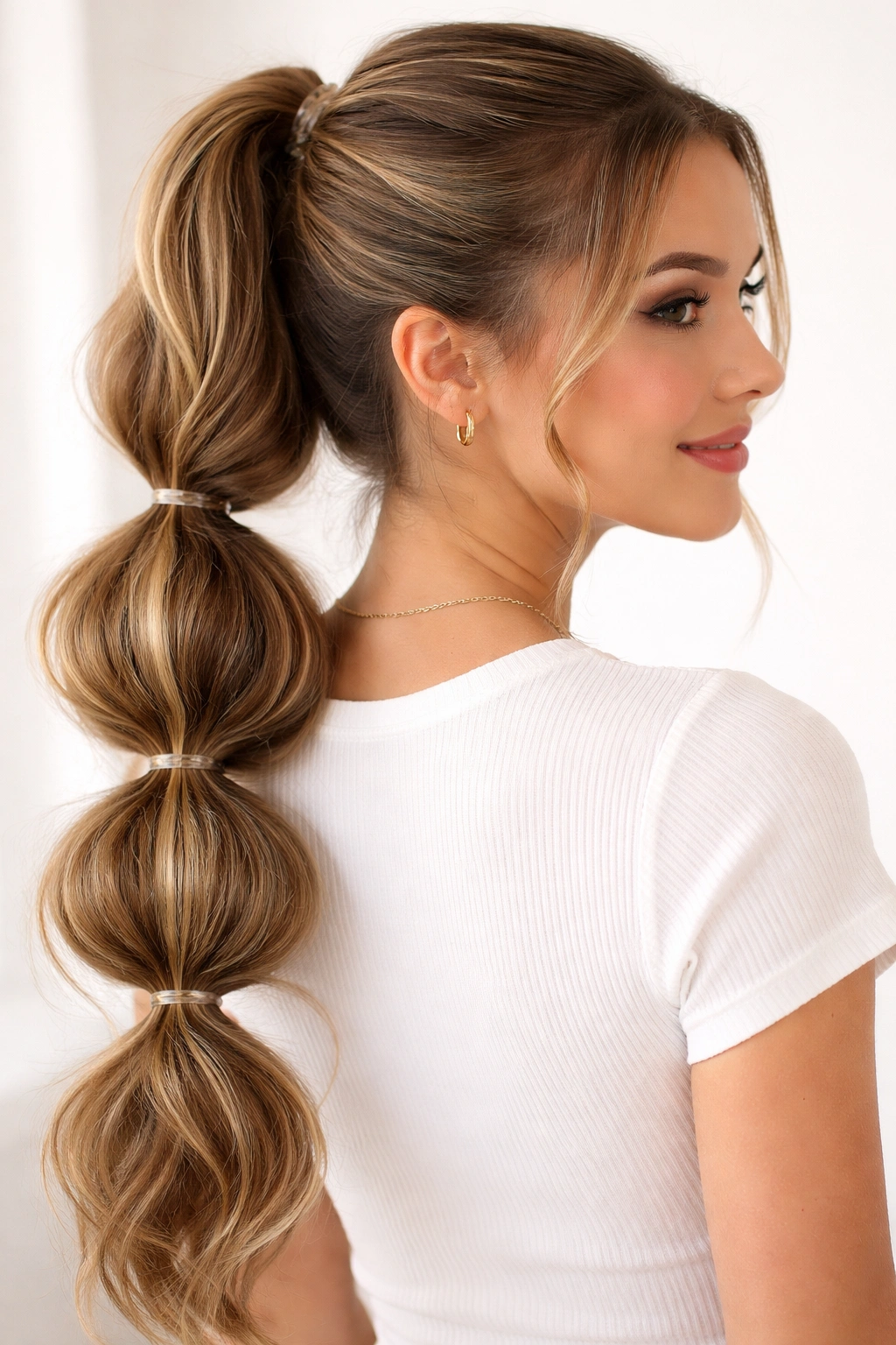 Bubble ponytail with evenly spaced elastics creating bubble segments