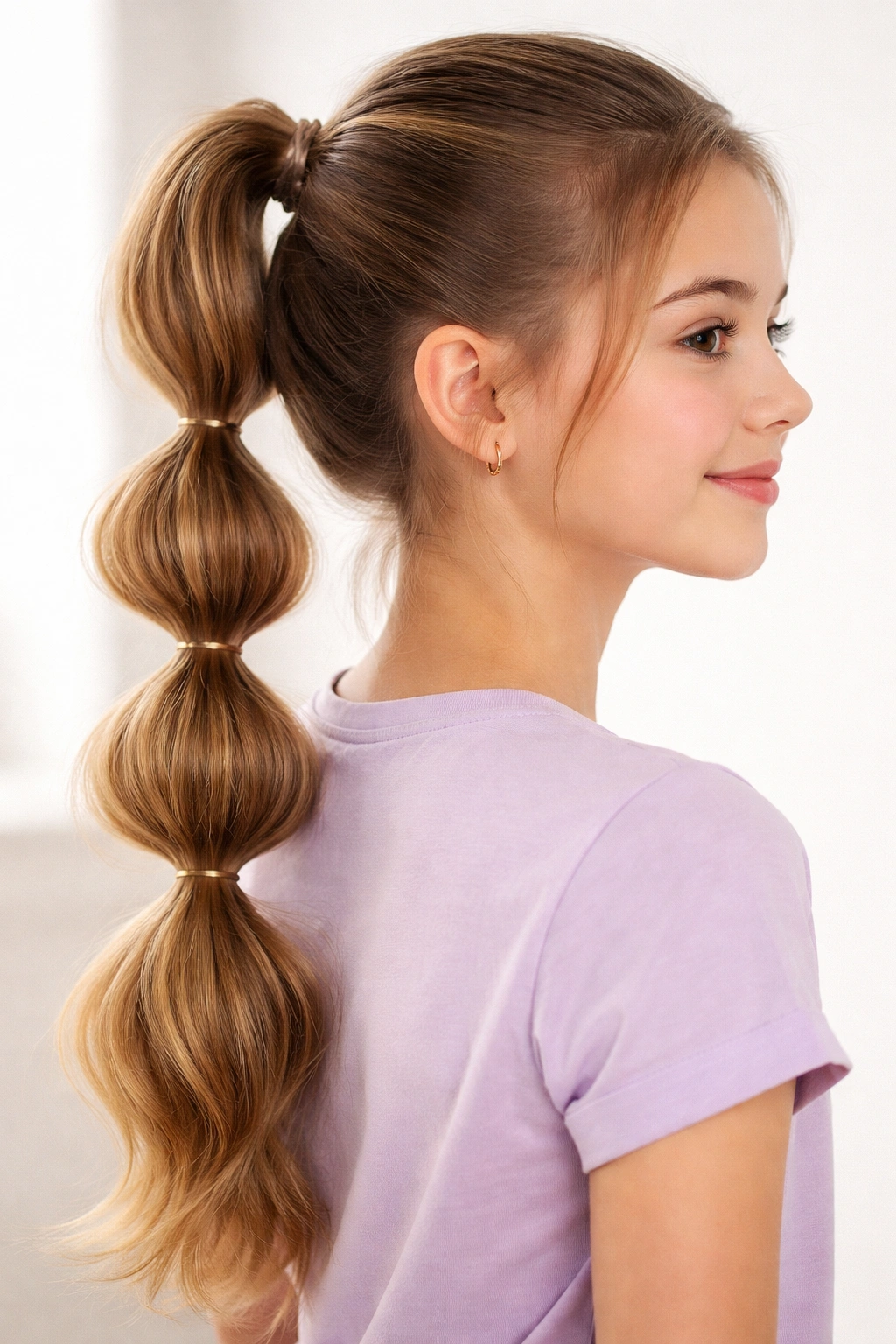 Side profile of a girl with a bubble ponytail featuring multiple elastics