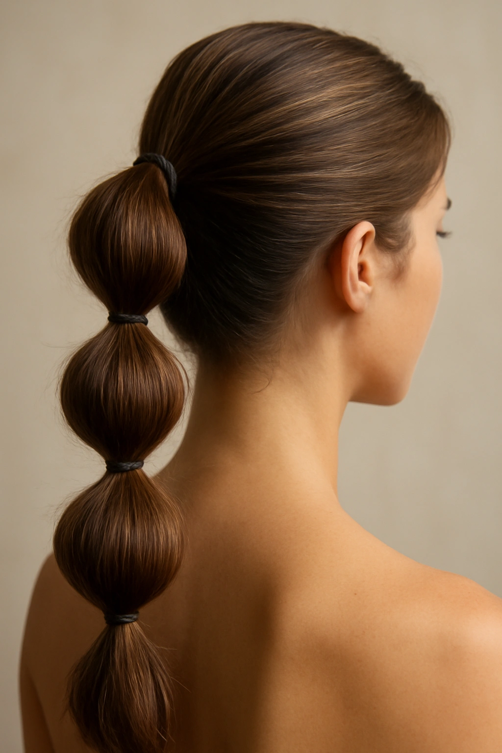 12 Wedding Guest Hairstyles You Can Do Yourself 7 Close-up of a voluminous bubble ponytail with stacked elastics for a wedding-ready look