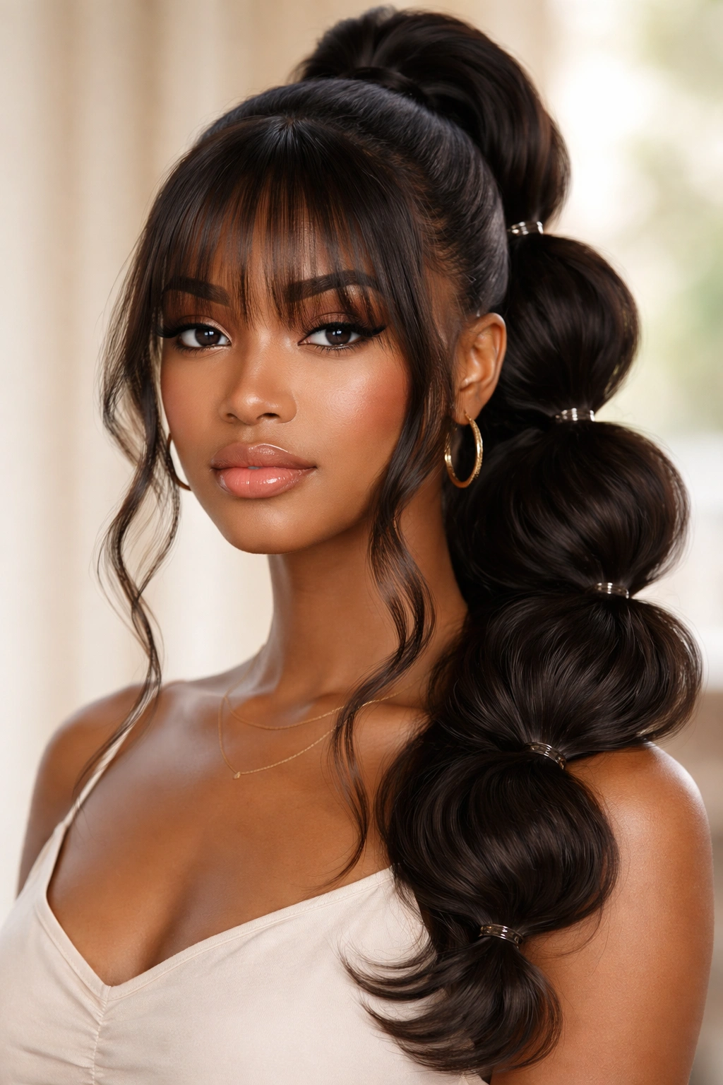 Black woman with bangs framing her face and a bubble ponytail.