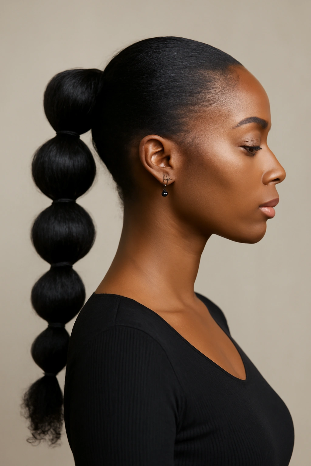 10 Bubble Ponytail Styles Black Women Love Right Now 3 Close-up of a Black woman with bubble ponytail and braided section