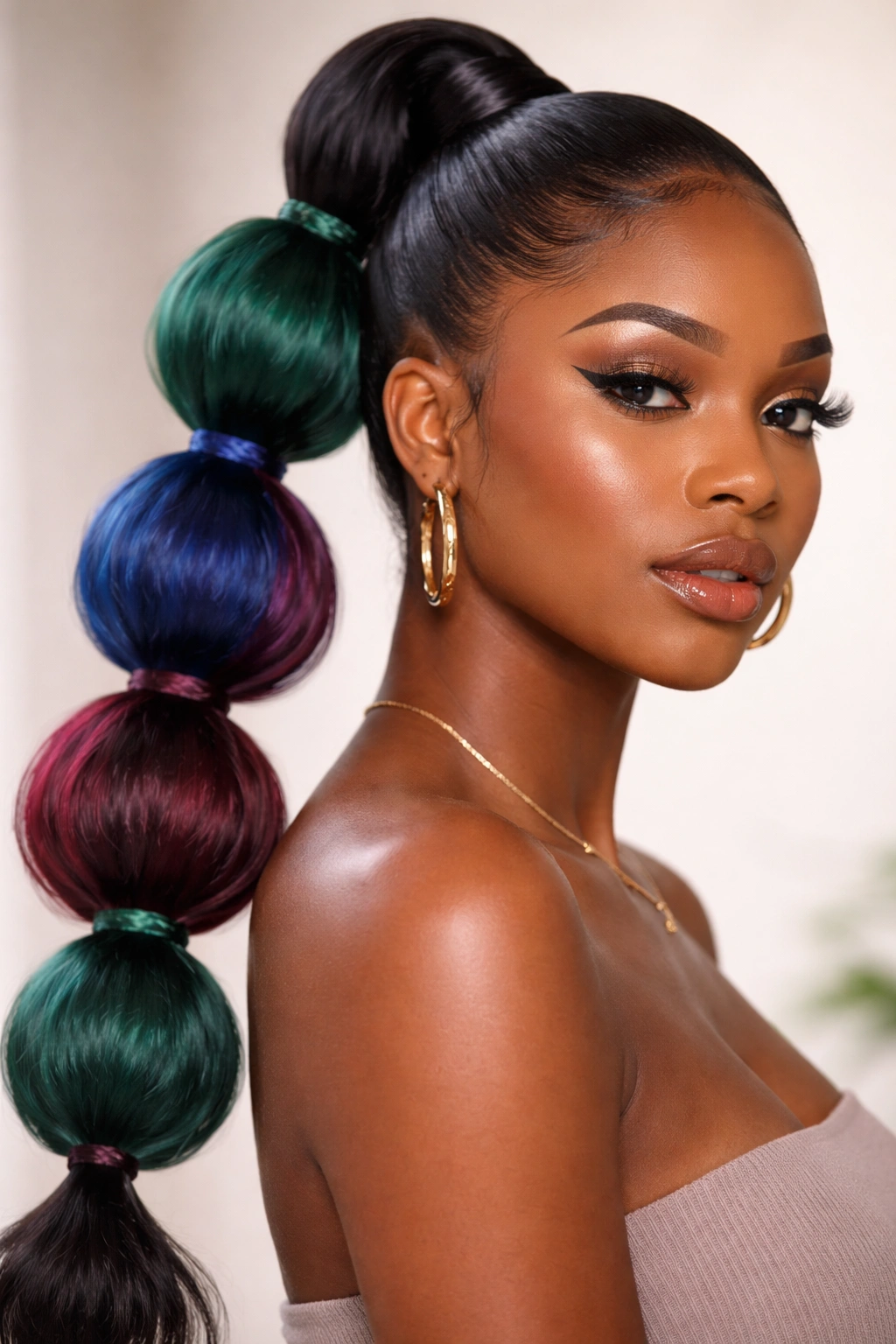 Close-up of a Black woman with a multi-colored bubble ponytail in jewel tones.